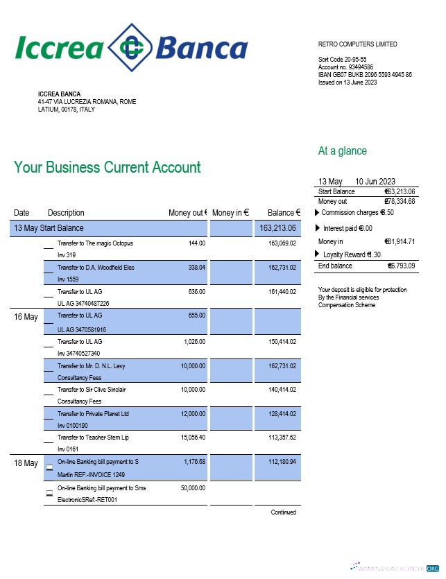 Download Iccrea Banca enterprise account statement Word and PDF template Photoshop template